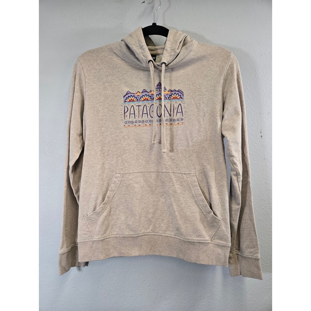 Patagonia Graphic Logo Organic Cotton Pullover Hoodie Sweatshirt Gray Small